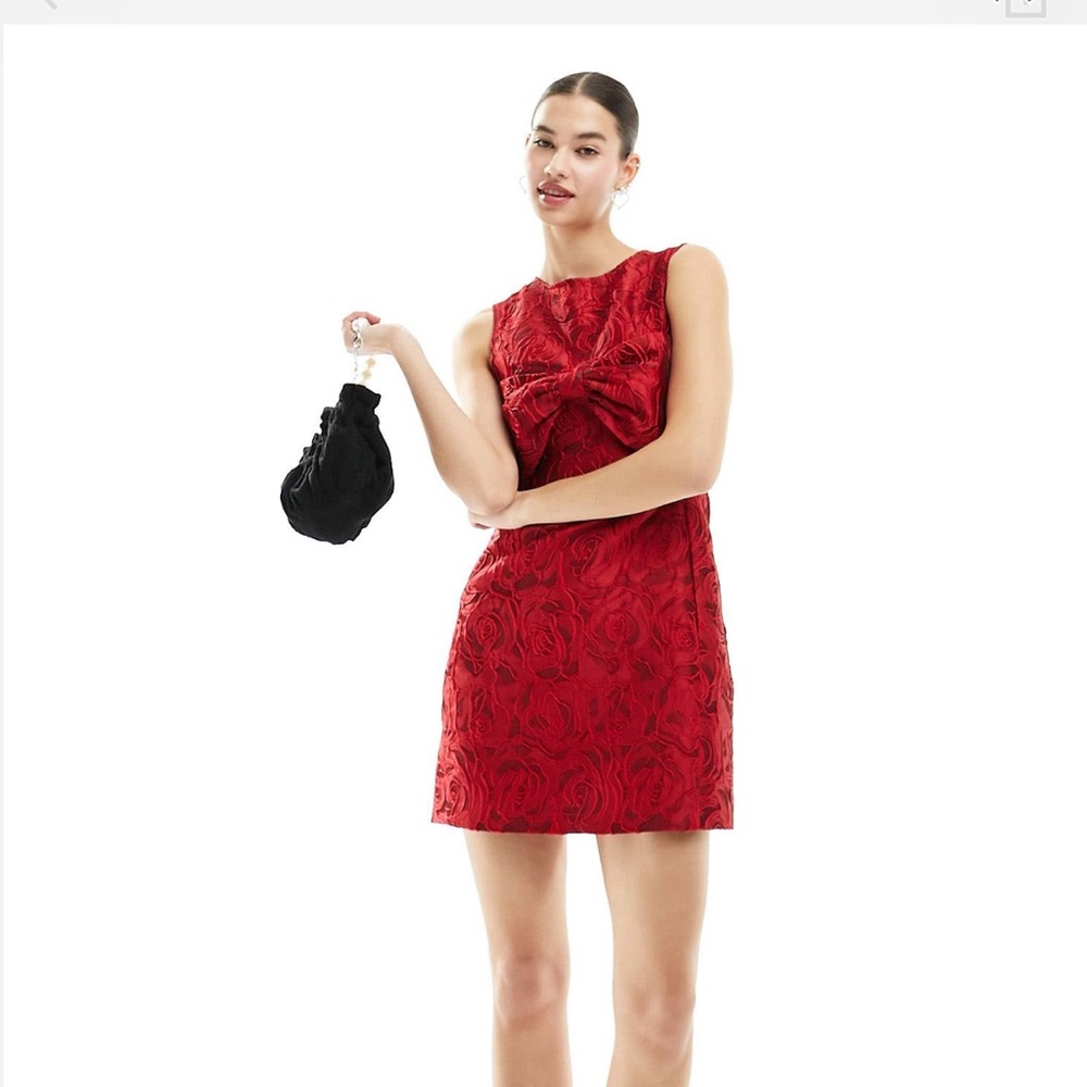 Sister Jane Tate Rose Jacquard Bow Mini Dress - Cherry Red